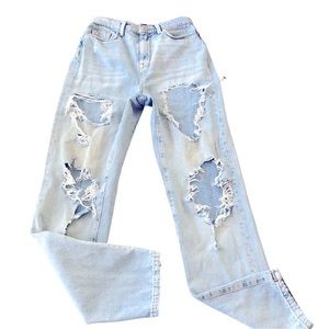 BDG Urban Outfitters 26 High Rise Mom Jeans Light Washed Holes Destroyed Ripped